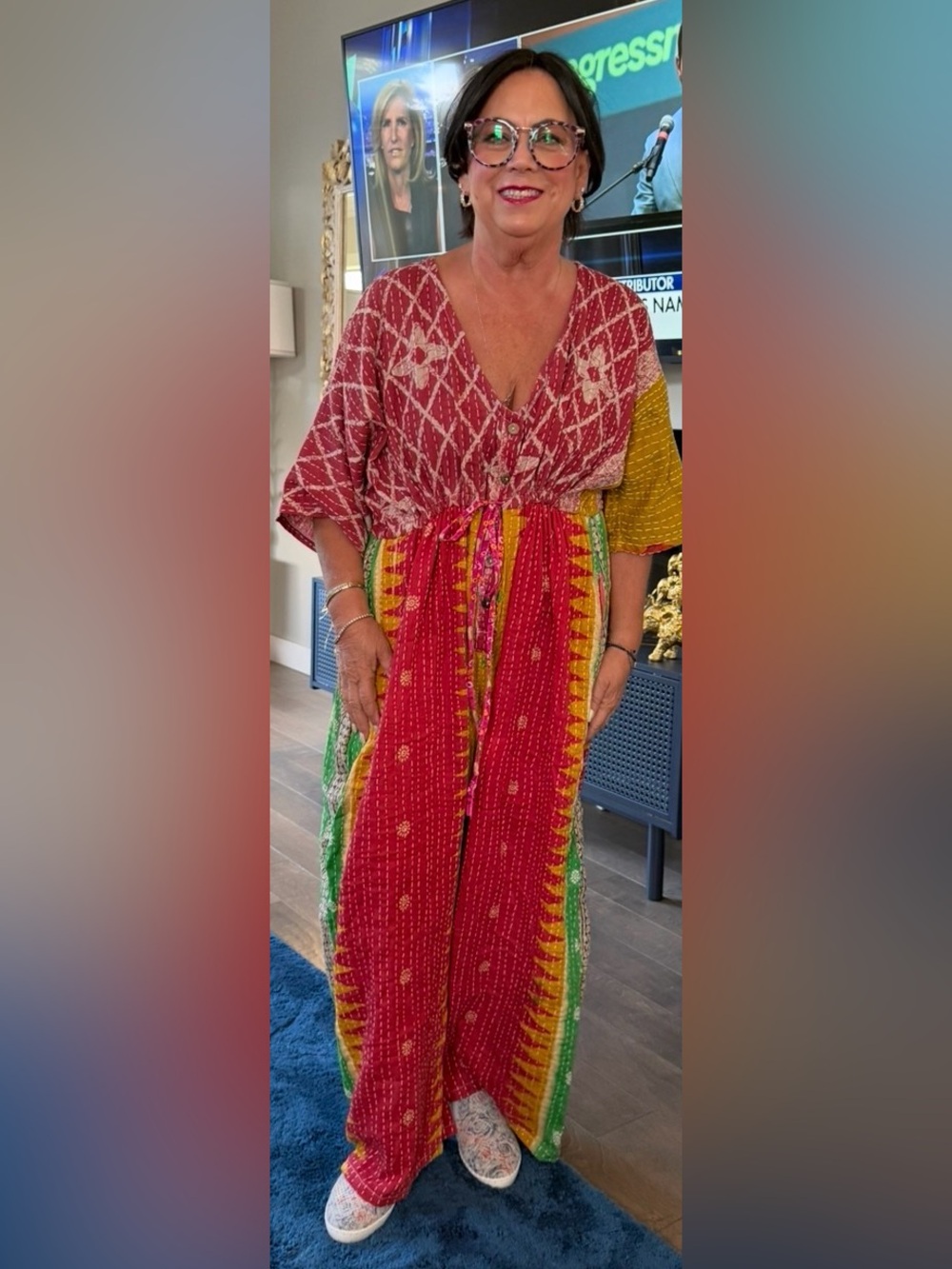 NWT- Boho Patchwork Kantha Jumpsuit in Red & Green